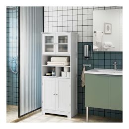 White Linen Cabinet; 58'' Tall Bathroom Cabinet with Doors and Shelves; Pantry Storage Cabinet with Hutch for Kitchen